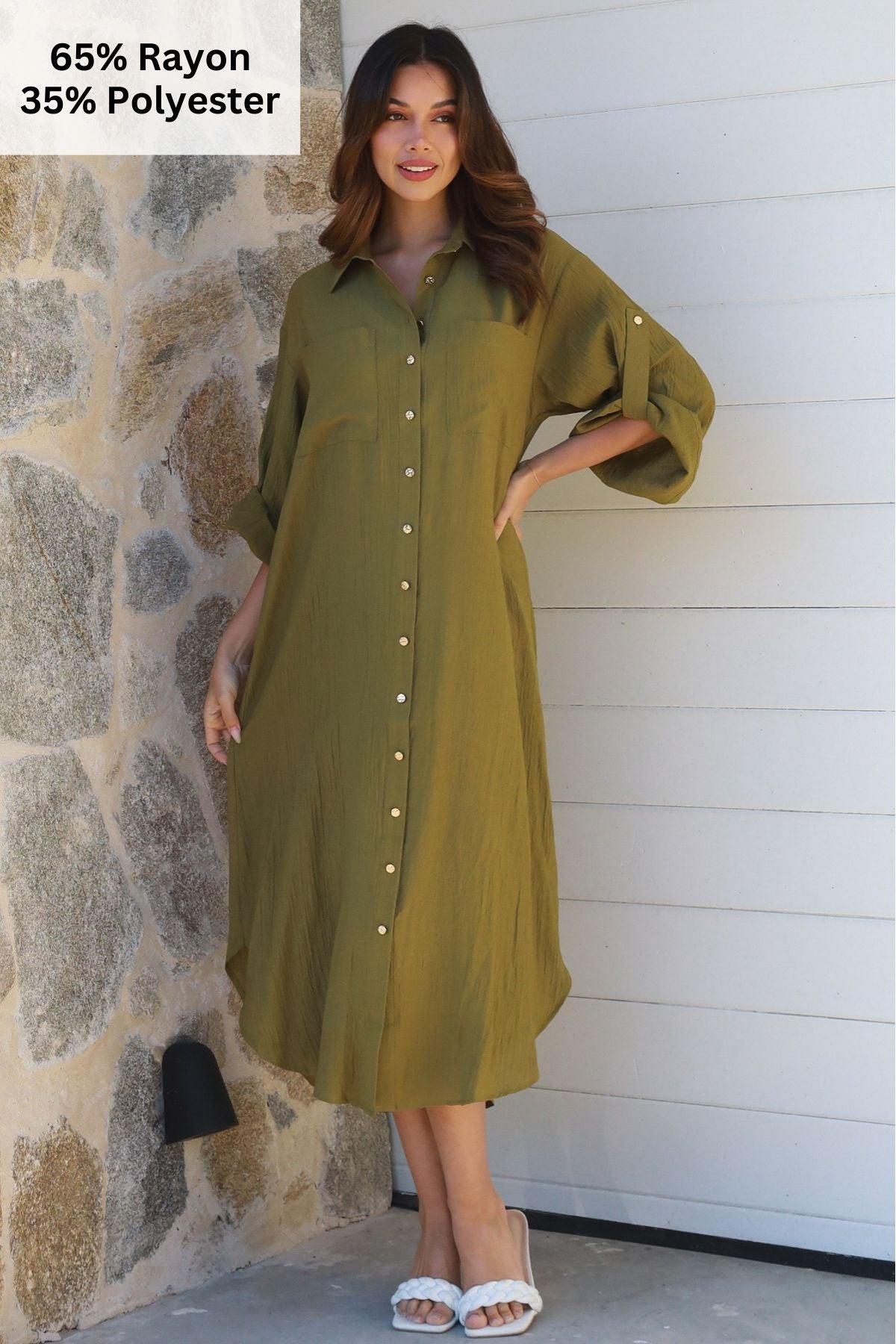 Alina Solid Khaki Midi Dress
