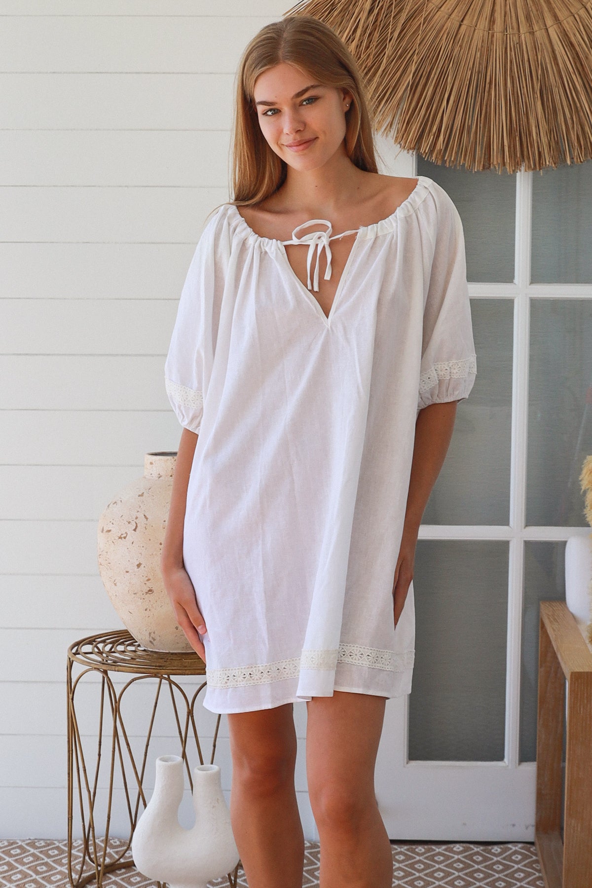 Linen Blend White Mini Dress