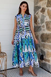 Geisha Dress Parker Ikat Blue Black
