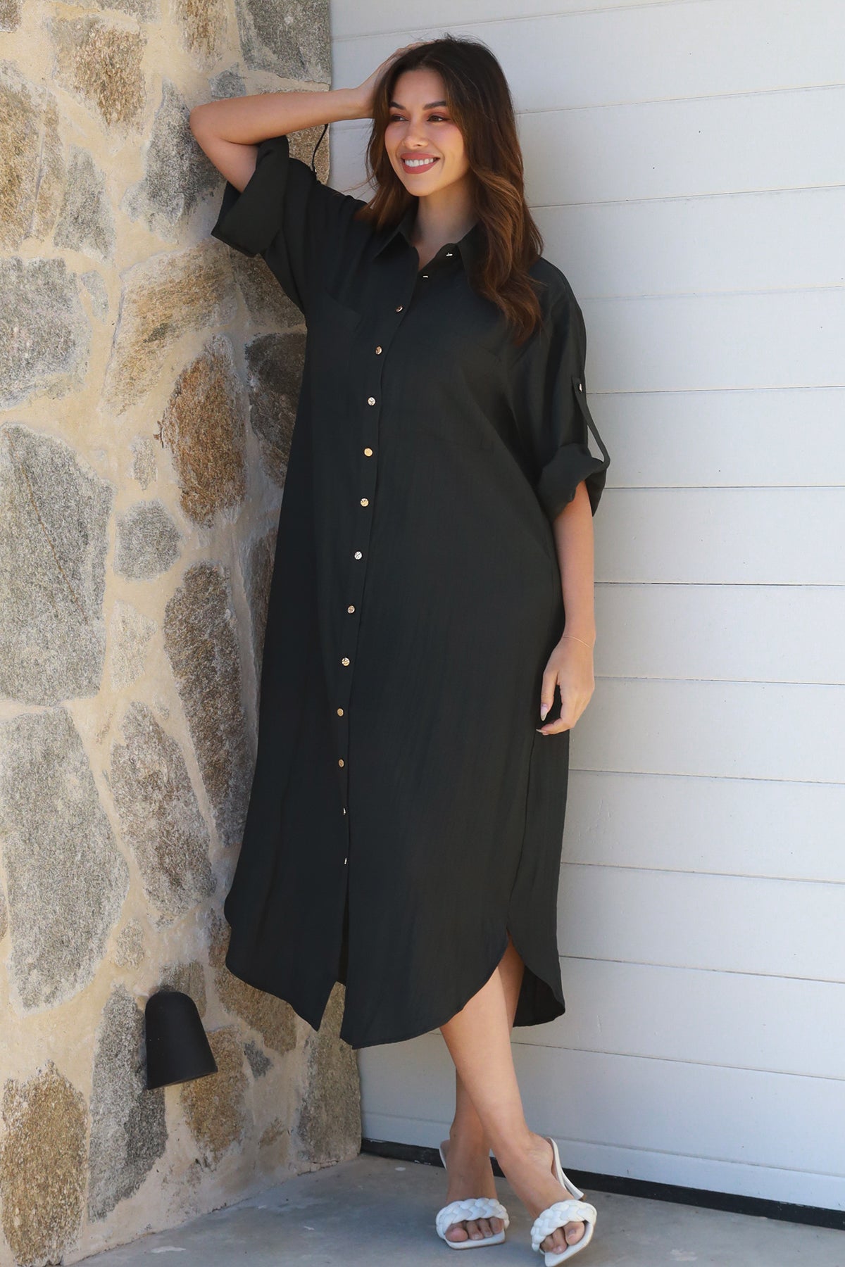 Alina Solid Black  Midi Dress
