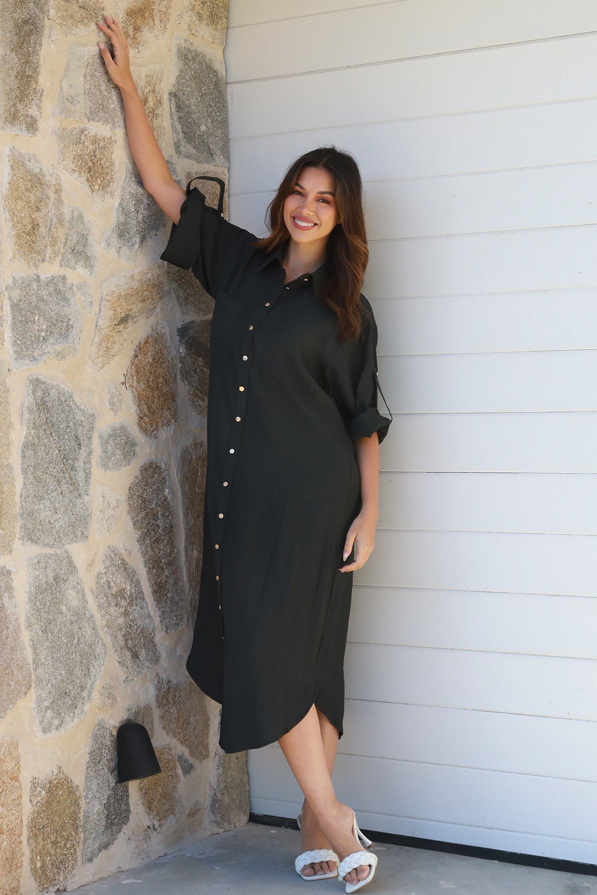Alina Solid Black  Midi Dress