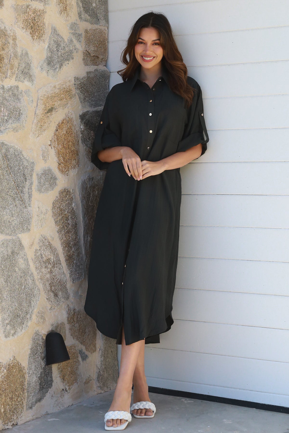 Alina Solid Black  Midi Dress