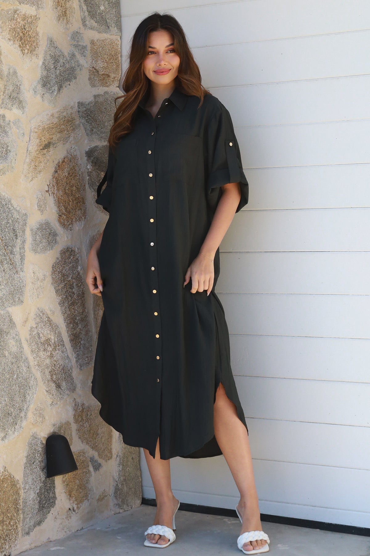 Alina Solid Black  Midi Dress