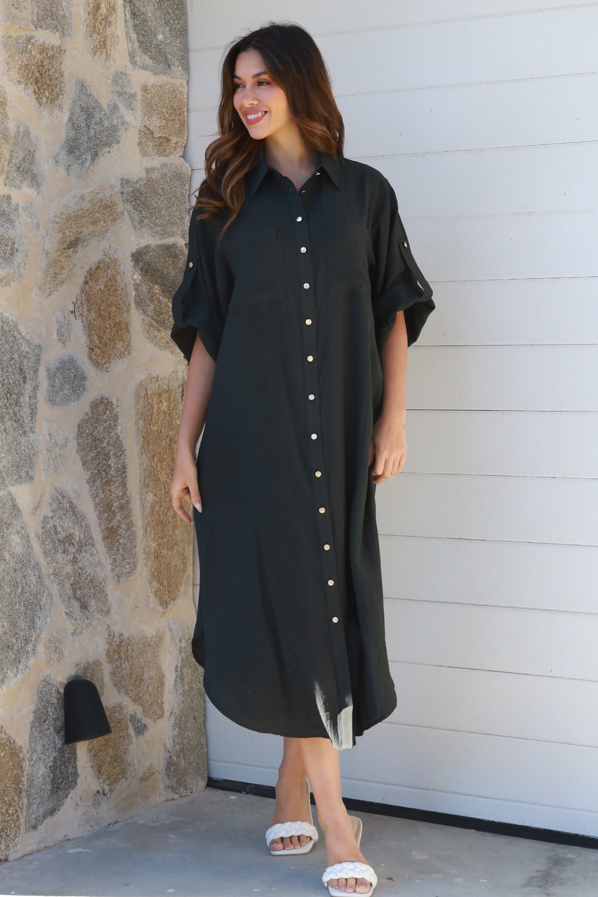 Alina Solid Black  Midi Dress