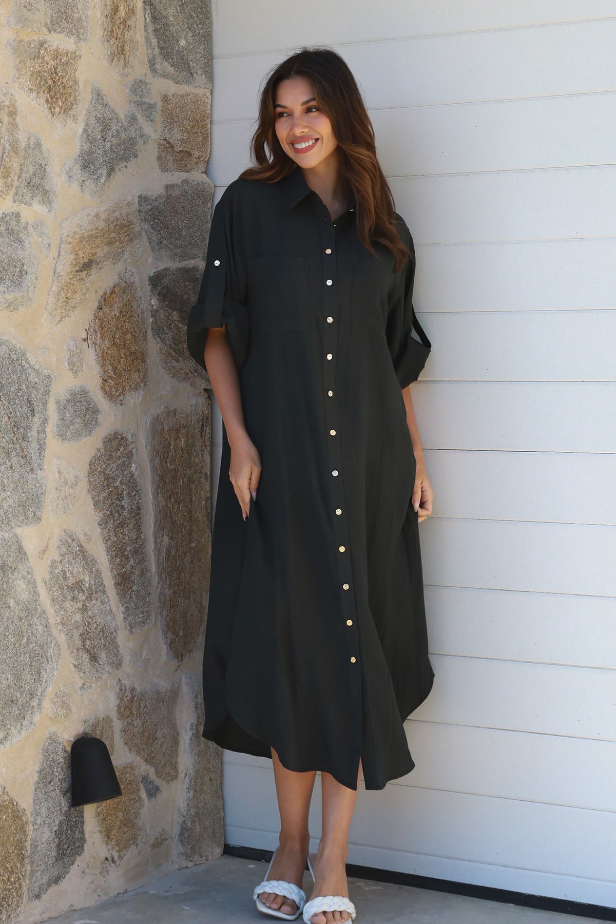 Alina Solid Black  Midi Dress
