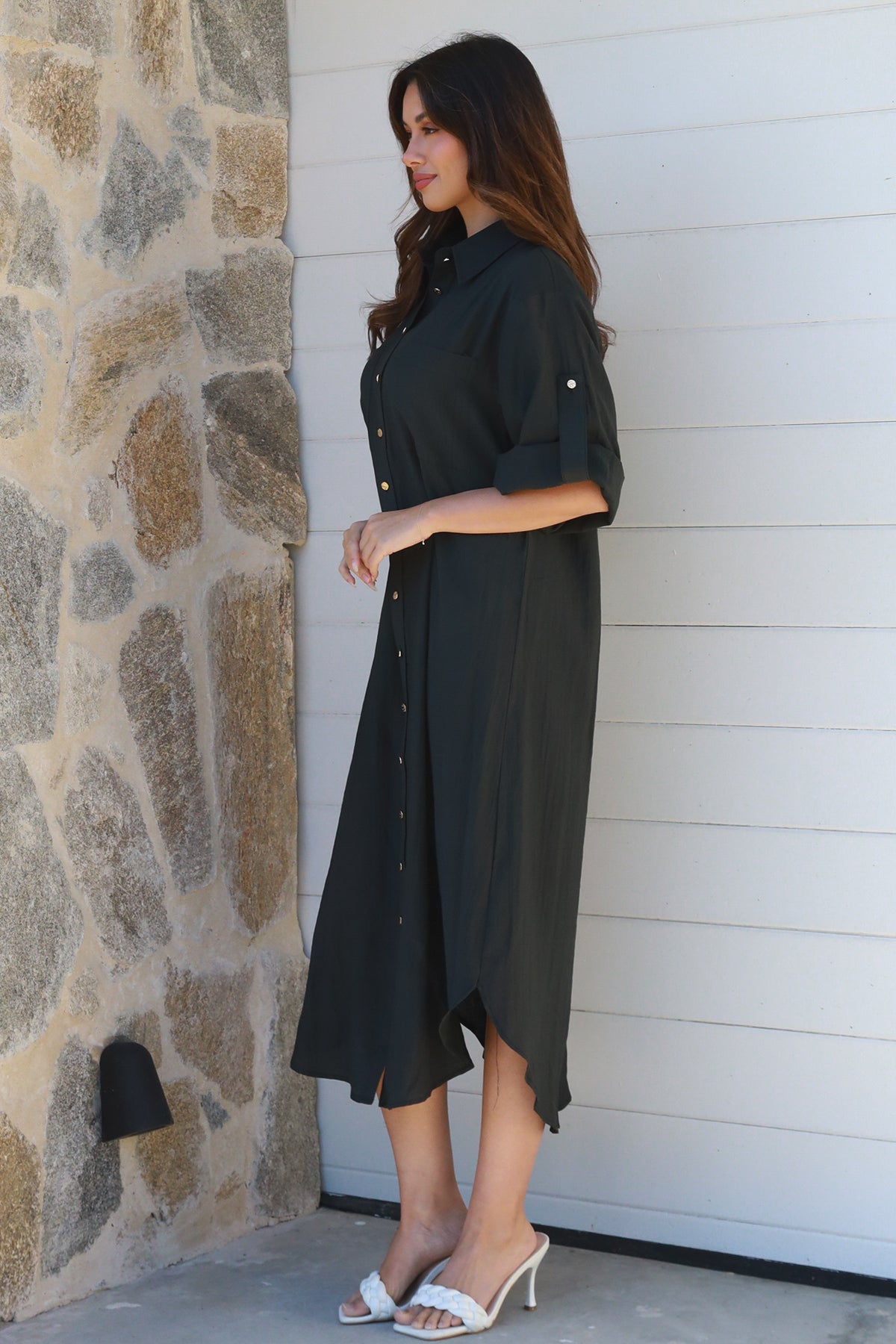 Alina Solid Black  Midi Dress