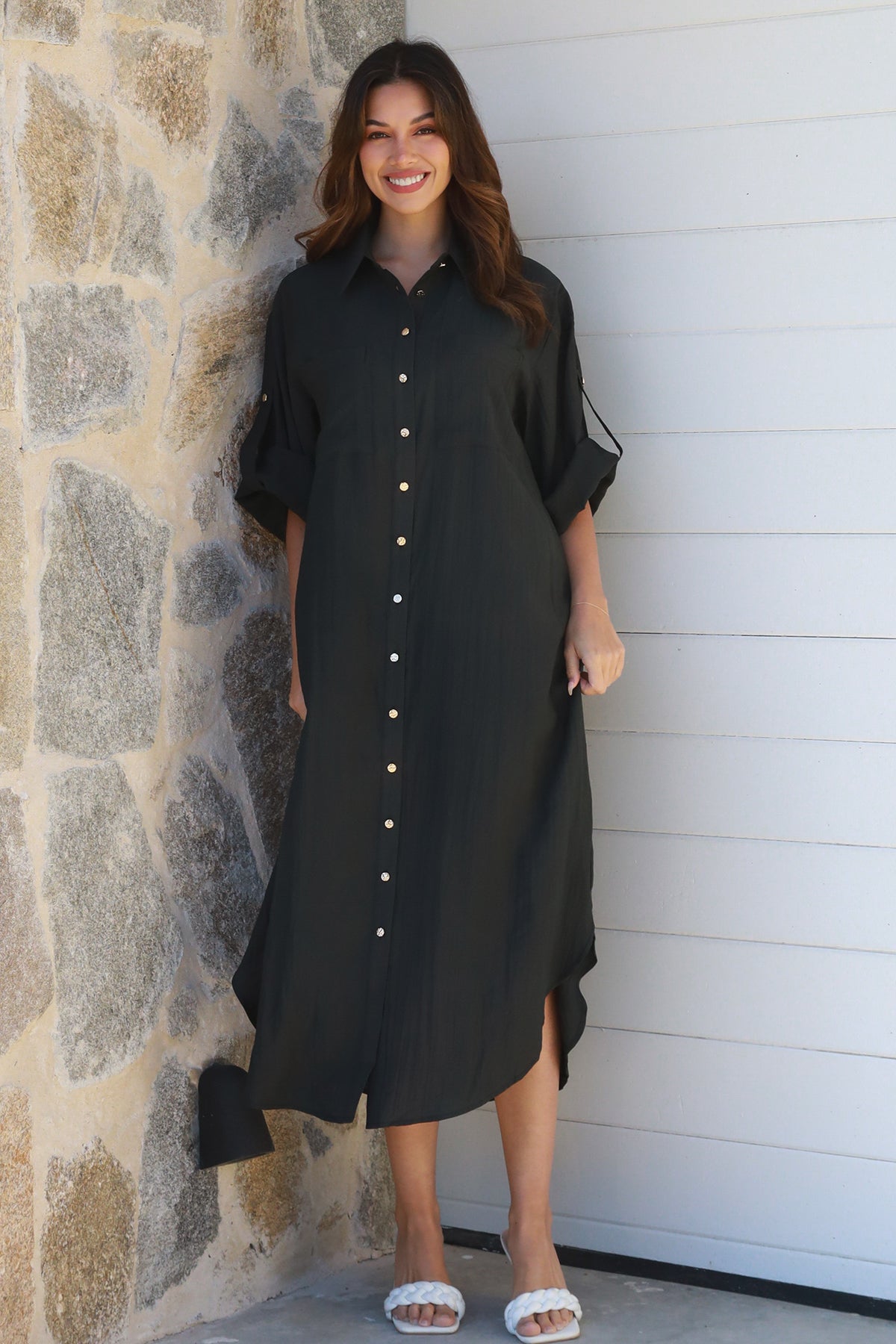 Alina Solid Black  Midi Dress