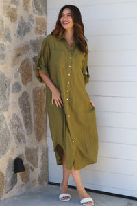 Alina Solid Khaki Midi Dress