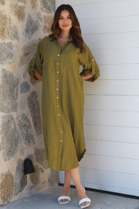 Alina Solid Khaki Midi Dress