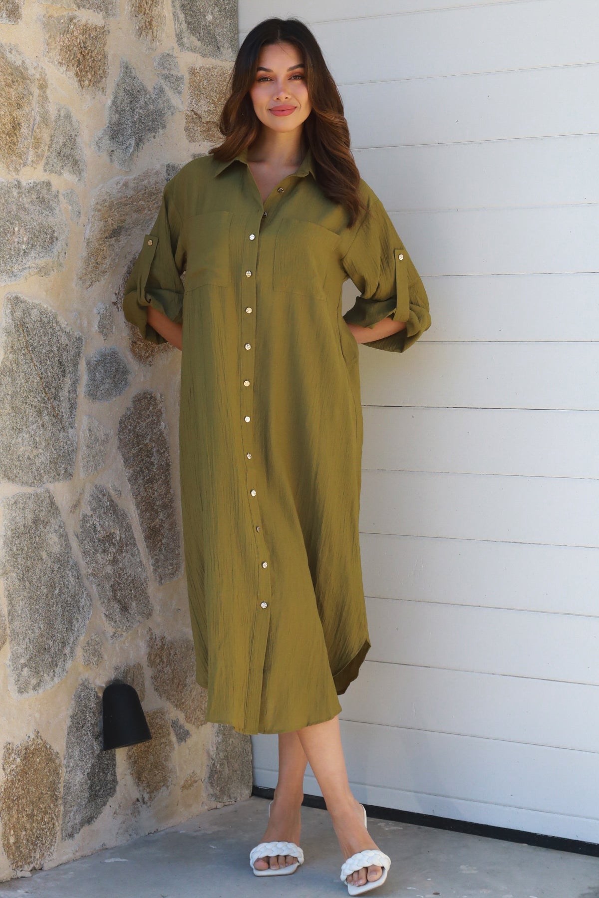 Alina Solid Khaki Midi Dress